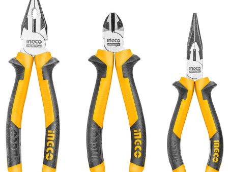 INGCO 3 Pcs Pliers Tool Set 8  Combination, 6  Long Nose, 6  Diagonal Cutting Pliers with Cr-V, TPR Two Color Handle, Black Finish, and Polish - Hand Tools | HKPS28318 Sale