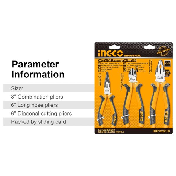 INGCO 3 Pcs Pliers Tool Set 8  Combination, 6  Long Nose, 6  Diagonal Cutting Pliers with Cr-V, TPR Two Color Handle, Black Finish, and Polish - Hand Tools | HKPS28318 Sale