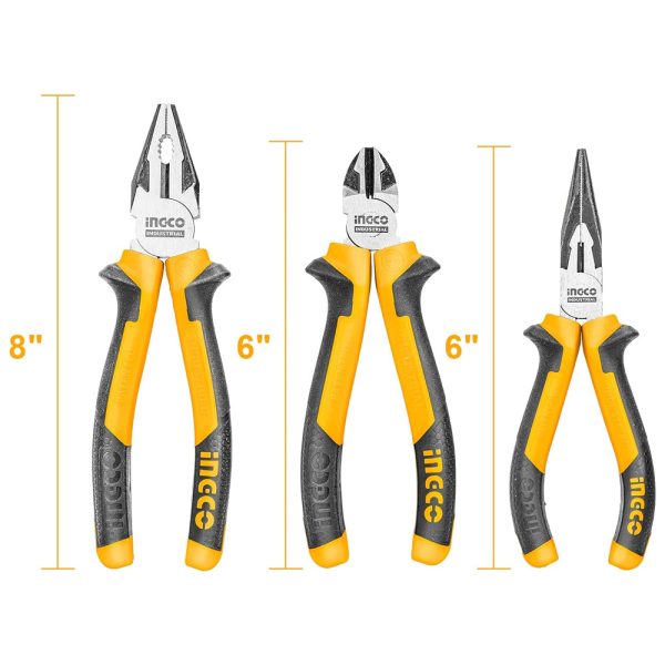 INGCO 3 Pcs Pliers Tool Set 8  Combination, 6  Long Nose, 6  Diagonal Cutting Pliers with Cr-V, TPR Two Color Handle, Black Finish, and Polish - Hand Tools | HKPS28318 Sale