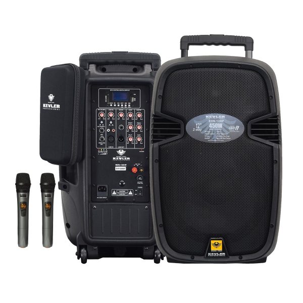 KEVLER EON-12HP 12  450W 2-Way Full Range Active Loud Speaker with LCD Display and Class D Amplifier, USB Port Bluetooth FM Function, Mic Line, RCA and XLR I O and 2 Wireless Microphones with Rechargeable Battery Online Hot Sale