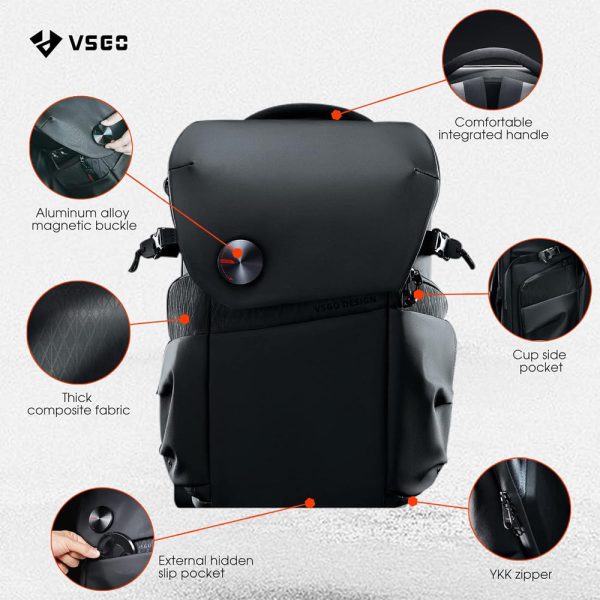 VSGO V-BP01 Black Snipe 20L Camera Backpack with FIDLOCK Magnetic Button, 15-inch Laptop Compartment, Anti-Theft Dock Zipper, Quick Access Side Pockets for Tablet, Drones, Tripod, Lens, DSLR SLR, Mirrorless Camera & Accessories Hot on Sale