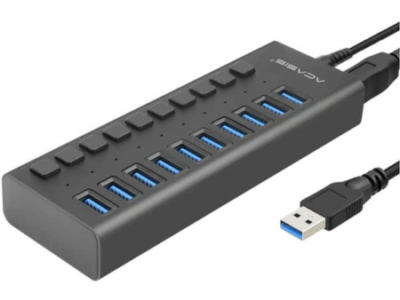 ACASIS HS-710PB 10-Port USB 3.0 Hub Splitter Docking Station with 5Gbps High-Speed Data Transfer Speed, 12V External DC Input with 4A Fast Charging, Individual Power Switches, LED Indicator Light Sale