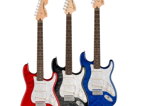 Squier by Fender FSR Affinity Stratocaster QMT 21 Fret 6 String Electric Guitar with SSS Ceramic Pickups, Die-Cast Tuners, and Gloss Polyurethane Finish (Sapphire Blue Transparent, Crimson Red Transparent, Black Burst) Hot on Sale