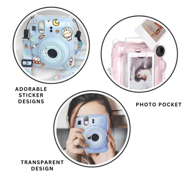 Pikxi 3-in-1 Clear Instant Camera Case for FUJIFILM Instax Mini 12 Film Cameras with Cartoon Patch Sticker Set and Body Strap - Available in Blossom Pink, Pastel Blue, Clay White, Lilac Purple, and Mint Green Color Online Hot Sale