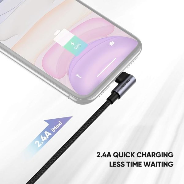 UGREEN 12W 2.4A 1 Meter USB A 2.0 to Angled Lightning Nylon Braided Charging Data Cable Charger with 480Mbps Transfer Rate for iPhone, iPad, iPod | 60521 Online Sale