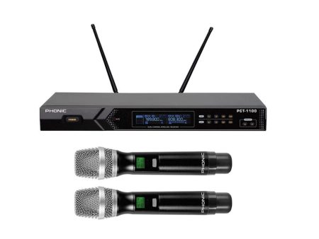 Phonic PCT-1100M Dual Channel Wireless Microphone System with OLED Display Screen, Auto Frequency Selection up to 30MHz, and Transmitter Sync For Cheap