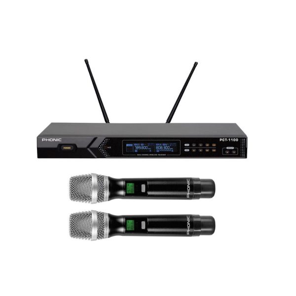 Phonic PCT-1100M Dual Channel Wireless Microphone System with OLED Display Screen, Auto Frequency Selection up to 30MHz, and Transmitter Sync For Cheap