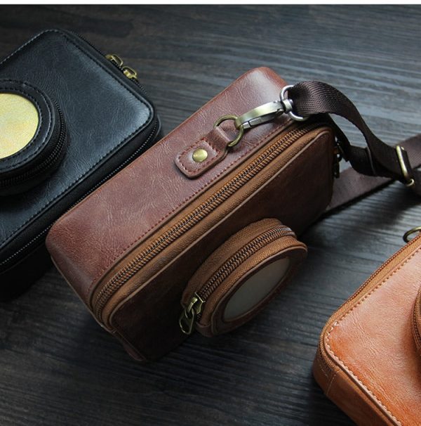 Pikxi BEVO-01 Vintage Style Leather Carrying Bag with Built-In Photo Pocket, Adjustable Shoulder Straps, and Compact Lens Compartment for Instax Mini EVO Cameras - Coffee For Sale