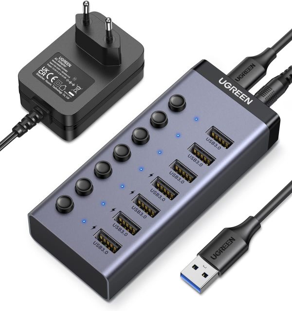 UGREEN 7 Port USB 3.0 Hub with 4 Fast Charge Slots Individual Toggle Switches and 5Gbps Data Transfer Speeds (12V Power Adapter Included) | 90305 on Sale