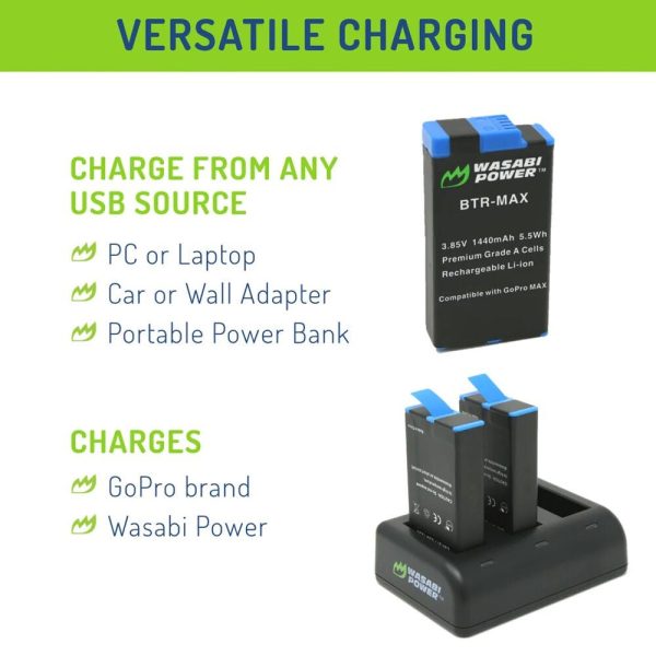 [CLEARANCE] Wasabi Power GoPro MAX Three-Bay Charger with Rechargeable Battery (2-Pack) 3.85V 1440mAh ACDBD-001, ACBAT-001 For Sale