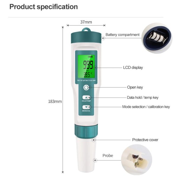 Noyafa NF-EZ9908 Compact 7-in-1 Digital Drinking Water pH Quality Tester with 4x 250ml Solution Powder, LCD Screen Display, TDS EC pH Salinity S.G Temperature Monitor For Sale