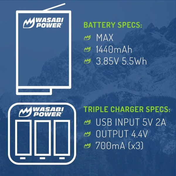 [CLEARANCE] Wasabi Power GoPro MAX Three-Bay Charger with Rechargeable Battery (2-Pack) 3.85V 1440mAh ACDBD-001, ACBAT-001 For Sale