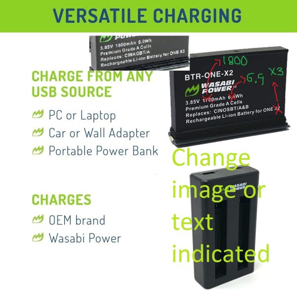 Wasabi Power Rechargeable Battery (2-Pack) 3.85V 1800mAh with USB Dual Charger Kit for Insta360 X3 Camera For Cheap