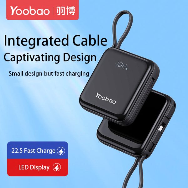 Yoobao LK10 10000mAh 22.5W Fast Charge Digital Display Mini Power Bank with Built-In Type C & Lightning Charging Cable, USB-A & USB-C Port for Phone, Tablet, Camera, iPhone, Android Smartphone, etc. - Black   Purple   Blue | Powerbank Online Sale