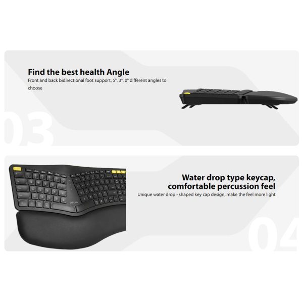 Delux GM902PRO A Wireless Bluetooth Ergonomic Split Keyboard 2.4G Rechargeable with Leather Palm Rest, 101 US Layout Keys, USB Nano Receiver, White Backlight, 5 Outstanding Yellow Keys, 1.5m Type C Cable for Windows and macOS on Sale