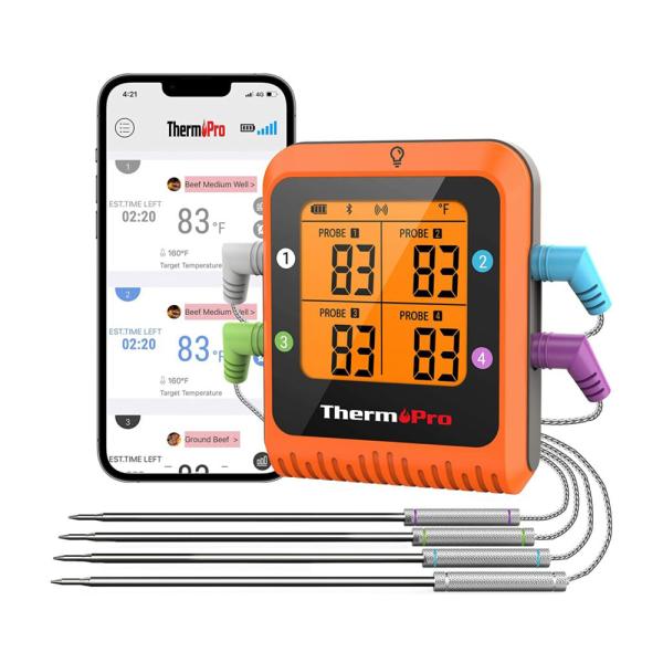 ThermoPro TP930 Wireless and Rechargeable Meat Thermometer with IPX4 Splash Resistance, 4 Color-coded Probes, Grill Thermometer, Alarm and Timer for Grills, Ovens and Countertop Cooking on Sale