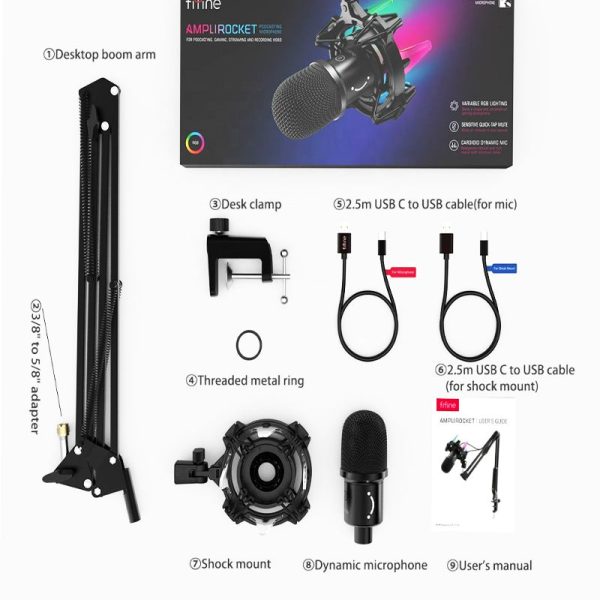 Fifine K651 USB Dynamic Cardioid Microphone Bundle with RGB Arm Shock Mount and Touch-Sensitive Button for Gaming, Recording, Live Streaming Supply