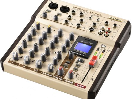 Phonic AM-6GE Gold Edition 2-MIC LINE 2-Stereo Input Compact Mixer with 2.4GHz Wireless Bluetooth, TF Recorder, Powered by USB with Power Adapter, and USB-C Cable Online