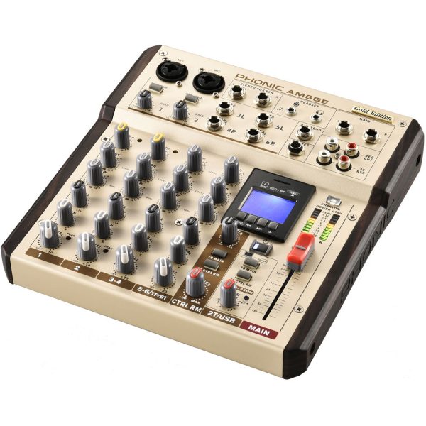 Phonic AM-6GE Gold Edition 2-MIC LINE 2-Stereo Input Compact Mixer with 2.4GHz Wireless Bluetooth, TF Recorder, Powered by USB with Power Adapter, and USB-C Cable Online