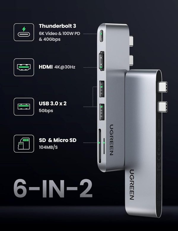 UGREEN 6-in-2 USB C HUB Thunderbolt 3 for MacBook Pro & Air with PD 100W Type C Fast Charging, 40Gbps High-Speed Data Transfer, and 6K Video Output with 4K UHD HDMI, USB 3.0 5Gbps, and SD   TF Memory Card Reader Online Sale