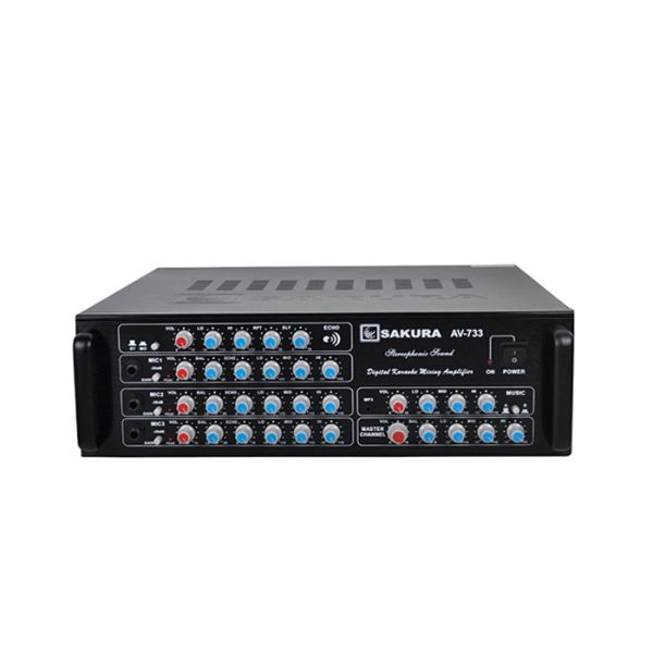 Sakura AV-733 400W   450W 2-Channel Karaoke Mixing X 2 Stereo Amplifier with Digital Echo Delay and Repeat Control, MP3 Input, 3 Microphone Input and Built-in 4  Cooling Fan Supply