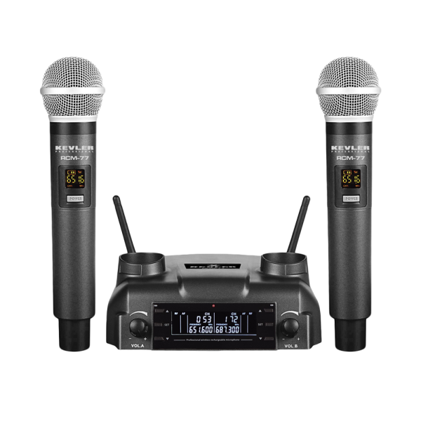 KEVLER RCM-77 Dual Wireless Microphone System with Dual Antenna Receiver and Inductive Charging System with Ports, LCD Display, 1100mAh Battery and 200 Max Selectable Channels Online Hot Sale