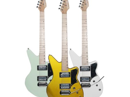 Fernando PJE-97 6 Strings 22 Fret HH Electric Guitar with Tremolo Bridge, 3-Way Pickup Selector and Maple Fingerboard for Musicians (Light Green, White, Metallic Gold) Fashion