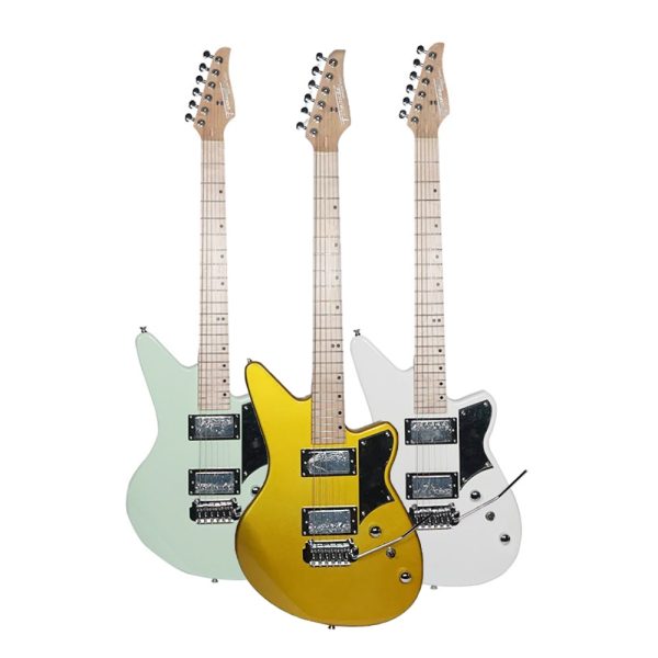 Fernando PJE-97 6 Strings 22 Fret HH Electric Guitar with Tremolo Bridge, 3-Way Pickup Selector and Maple Fingerboard for Musicians (Light Green, White, Metallic Gold) Fashion