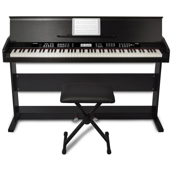 Alesis Virtue 88 Key Electronic Upright Piano with 360 Premium Voices USB MIDI 1 4-Inch AUX Output and Built-In Effects Pedals (Piano Bench included) (Black, White) For Sale