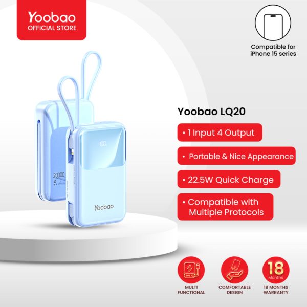 Yoobao LQ20 20000mAh 22.5W Fast Charge Digital Display Power Bank with Built-In Type C & Lightning Charging Cable, USB-A & USB-C PD Port for Phone, Tablet, Camera, iPhone, Android Smartphone, etc. - Black   Purple   Blue | Powerbank Online Sale