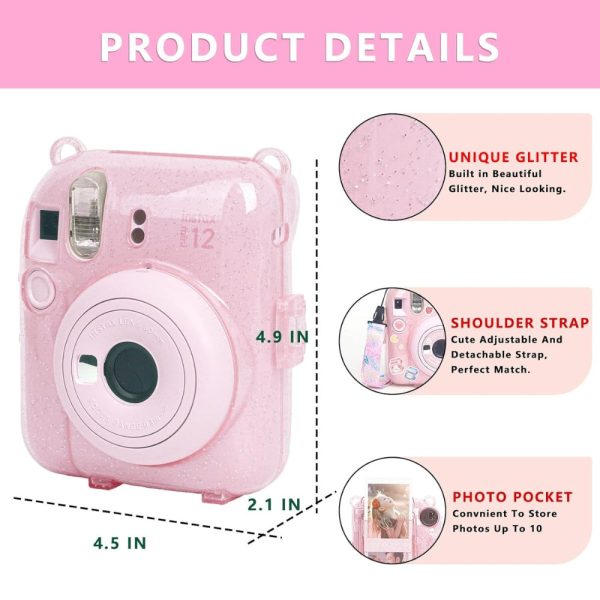 Pikxi 3-in-1 Transparent Glitter Instant Camera Case for FUJIFILM Instax Mini 12 Film Cameras with Cartoon Patch Sticker Set and Body Strap Online Sale