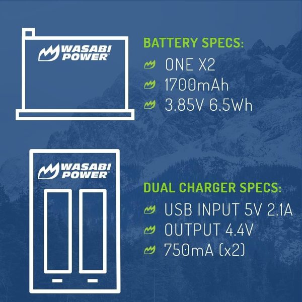 Wasabi Power Rechargeable Battery (2-Pack) 3.85V 1700mAh with USB Dual Charger Kit for Insta360 ONE X2 Camera For Sale