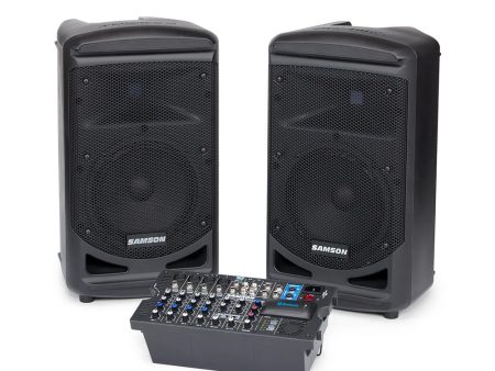 Samson Expedition XP800 All in One Public Address PA Speaker System with PAIR 2 Way 8  Powered Speakers, 800W Amplifier, Removable 8 Channel Audio Mixer, and 4 Line In   Microphone Inputs with Bluetooth Connectivity For Sale