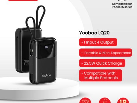 Yoobao LQ20 20000mAh 22.5W Fast Charge Digital Display Power Bank with Built-In Type C & Lightning Charging Cable, USB-A & USB-C PD Port for Phone, Tablet, Camera, iPhone, Android Smartphone, etc. - Black   Purple   Blue | Powerbank Online Sale