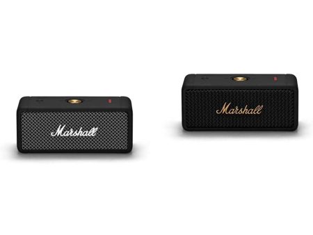 Marshall Emberton Portable Bluetooth 5.0 Speaker Waterproof IPX7 Wireless 20Hrs Playback Time with Iconic Amp-Style Design (Black and Black Brass) For Sale