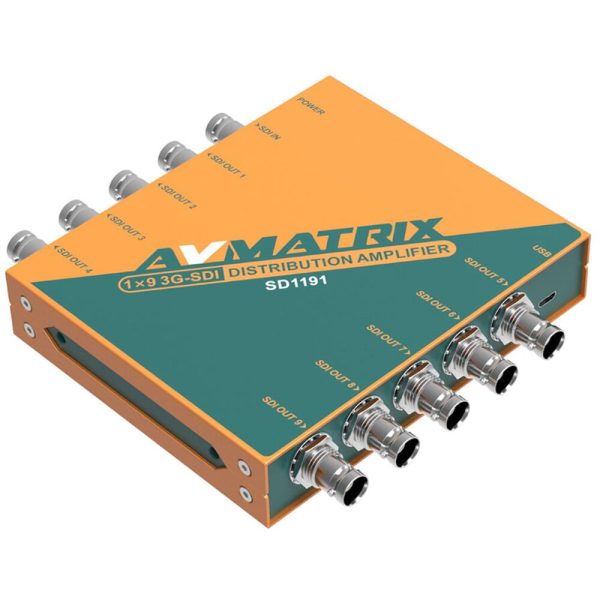 AVMatrix SD1191 1×9 SDI Reclocking Distribution Amplifier with 3G HD SD-SDI Multi-rate Signal Processing, 9 Buffered and Re-clocked Outputs, Support DVB-ASI Signals, LED Indicators, Locking Power Supply, and Mounting Ear on Sale