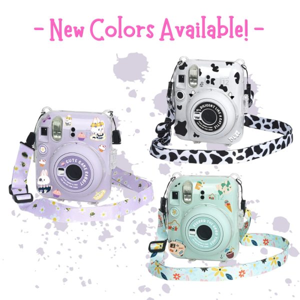 Pikxi 3-in-1 Clear Instant Camera Case for FUJIFILM Instax Mini 12 Film Cameras with Cartoon Patch Sticker Set and Body Strap - Available in Blossom Pink, Pastel Blue, Clay White, Lilac Purple, and Mint Green Color Online Hot Sale