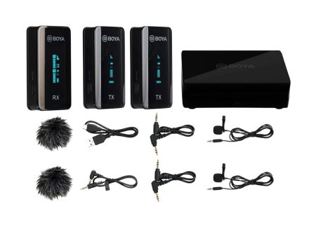 Boya BY-XM6-K2 Ultra-Compact 2.4GHz Dual Channel Lavalier Wireless Microphone System Kit with 100M Operating Range, OLED Display, 7-Hour Runtime For Sale