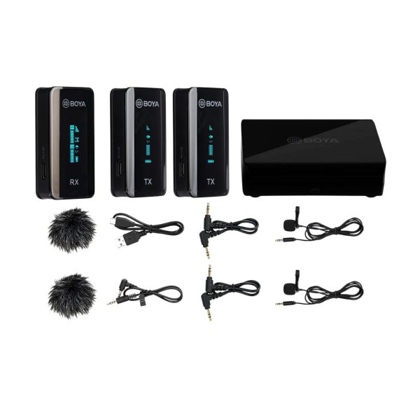 Boya BY-XM6-K2 Ultra-Compact 2.4GHz Dual Channel Lavalier Wireless Microphone System Kit with 100M Operating Range, OLED Display, 7-Hour Runtime For Sale