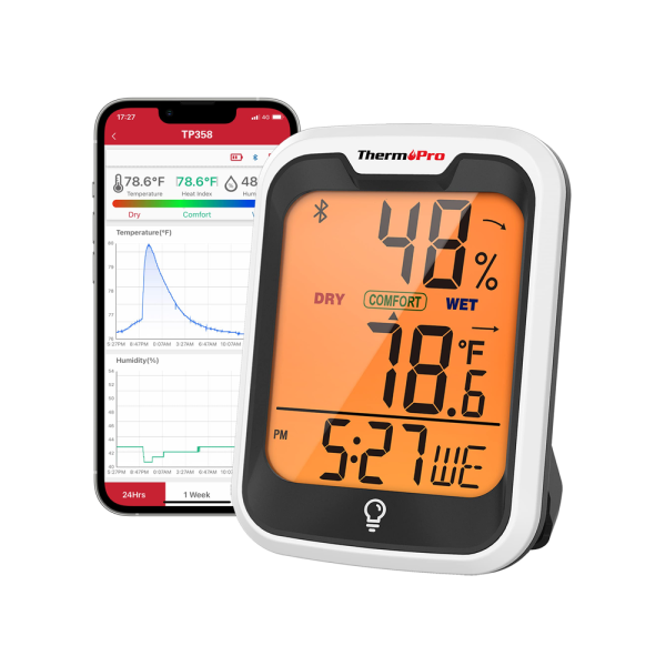 ThermoPro TP358 Hygrometer and Thermometer with Built-in Clock, Bluetooth 5.0, Premium Sensirion 260ft Humidity and Temperature Sensors, Comfort Level Indicator, Backlight and App Support for Indoors and Greenhouse Use Fashion