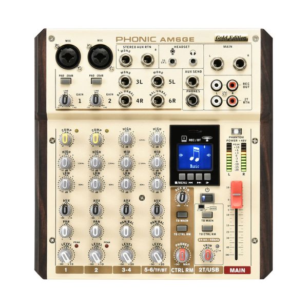 Phonic AM-6GE Gold Edition 2-MIC LINE 2-Stereo Input Compact Mixer with 2.4GHz Wireless Bluetooth, TF Recorder, Powered by USB with Power Adapter, and USB-C Cable Online