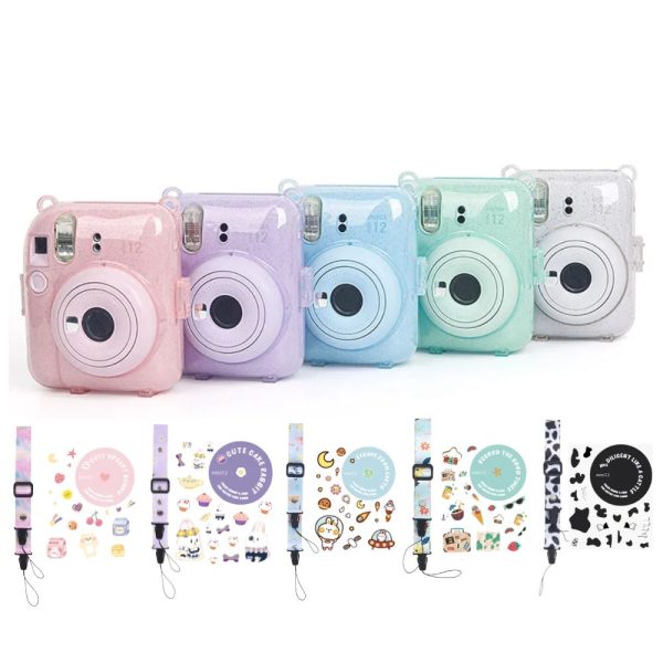 Pikxi 3-in-1 Transparent Glitter Instant Camera Case for FUJIFILM Instax Mini 12 Film Cameras with Cartoon Patch Sticker Set and Body Strap Online Sale