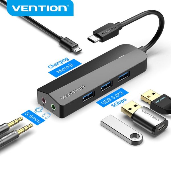 Vention 6 in 1 USB Type-C Hub Mix Sound Card with Micro USB Charging Power Supply 3 USB 3.0 Ports 5Gbps Transfer Speed and 2 3.5mm Audio Jack for PC, Mobile, Tablet, and Consoles | TGQBB For Discount