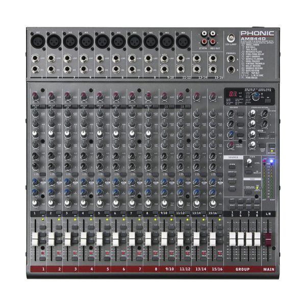 Phonic AM-844D 8-MIC LINE Mono Channels, 4-Stereo 4-Group Recording Mixer with DFX, USB Interface, 3-Band EQ, 10 Microphone Preamps, and Direct Outputs for Multitrack Recording Sale