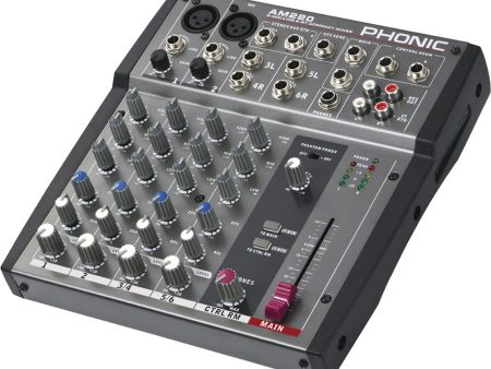 Phonic AM-220P 2-MIC LINE 2-Stereo Input Compact Mixer with 3-Band EQ, 48 VDC Phantom Power, and One Stereo AUX Return Online