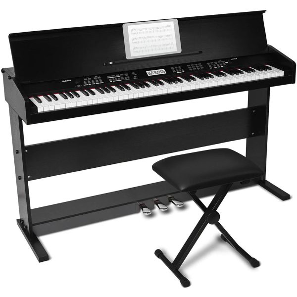 Alesis Virtue 88 Key Electronic Upright Piano with 360 Premium Voices USB MIDI 1 4-Inch AUX Output and Built-In Effects Pedals (Piano Bench included) (Black, White) For Sale