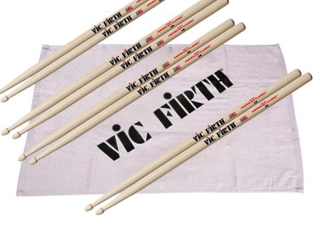 Vic Firth American Classic 5B Hickory 4-Pair Drumsticks Barrel Tip Wood with Free Towel for Drummers | P5B.4-PTOWL.1 Online Sale