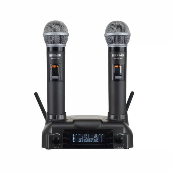 KEVLER RCM-77 Dual Wireless Microphone System with Dual Antenna Receiver and Inductive Charging System with Ports, LCD Display, 1100mAh Battery and 200 Max Selectable Channels Online Hot Sale