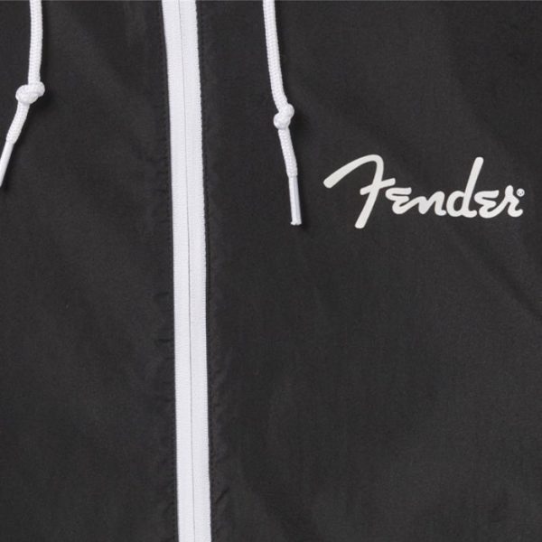 Fender Spaghetti Logo Windbreaker Jacket with Zipper Tape Hood Ties Mesh Lining (Small) (Black) For Sale