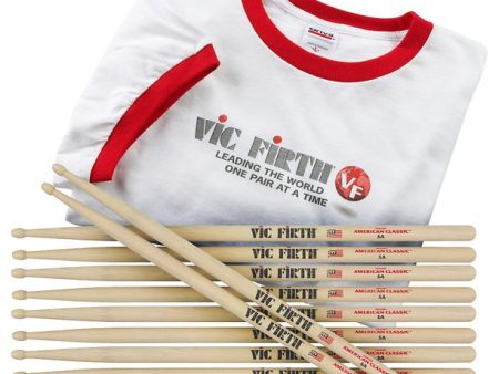 Vic Firth American Classic 5-Pair 5A Wood Tip Drumsticks with Free Medium T-Shirt for Drummers | P5A.5-PTS14M.1 Hot on Sale